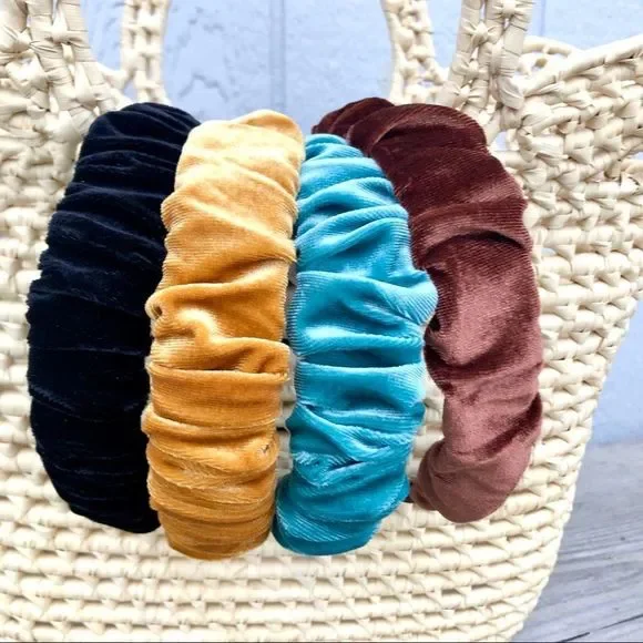 NEW! Soft Gathered Ruffled Gold Mustard Yellow Velvet Structured Wide Headband - Picture 5 of 7